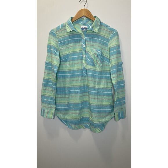Columbia Tops - Columbia Plaid Shirt 1/4 Button Pocket Long Roll Tab Sleeves Pastel Cotton Top M